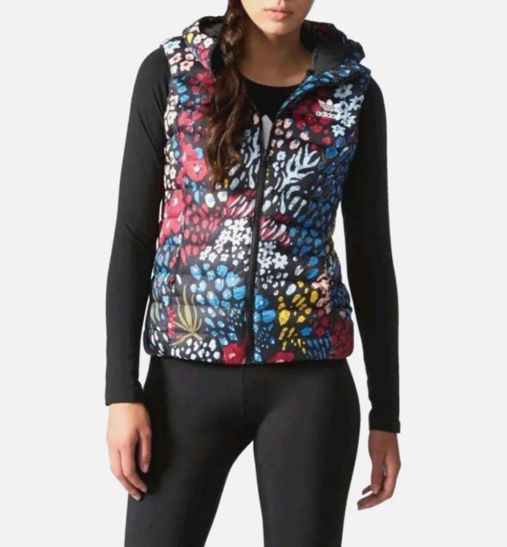 Adidas Womens S Black Multi Floral Original AOP Hooded Quilted Puffer Vest NEW